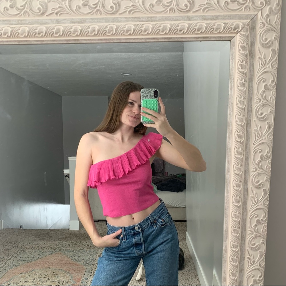 Mango Asymmetrical One Shoulder Vibrant Pink Top